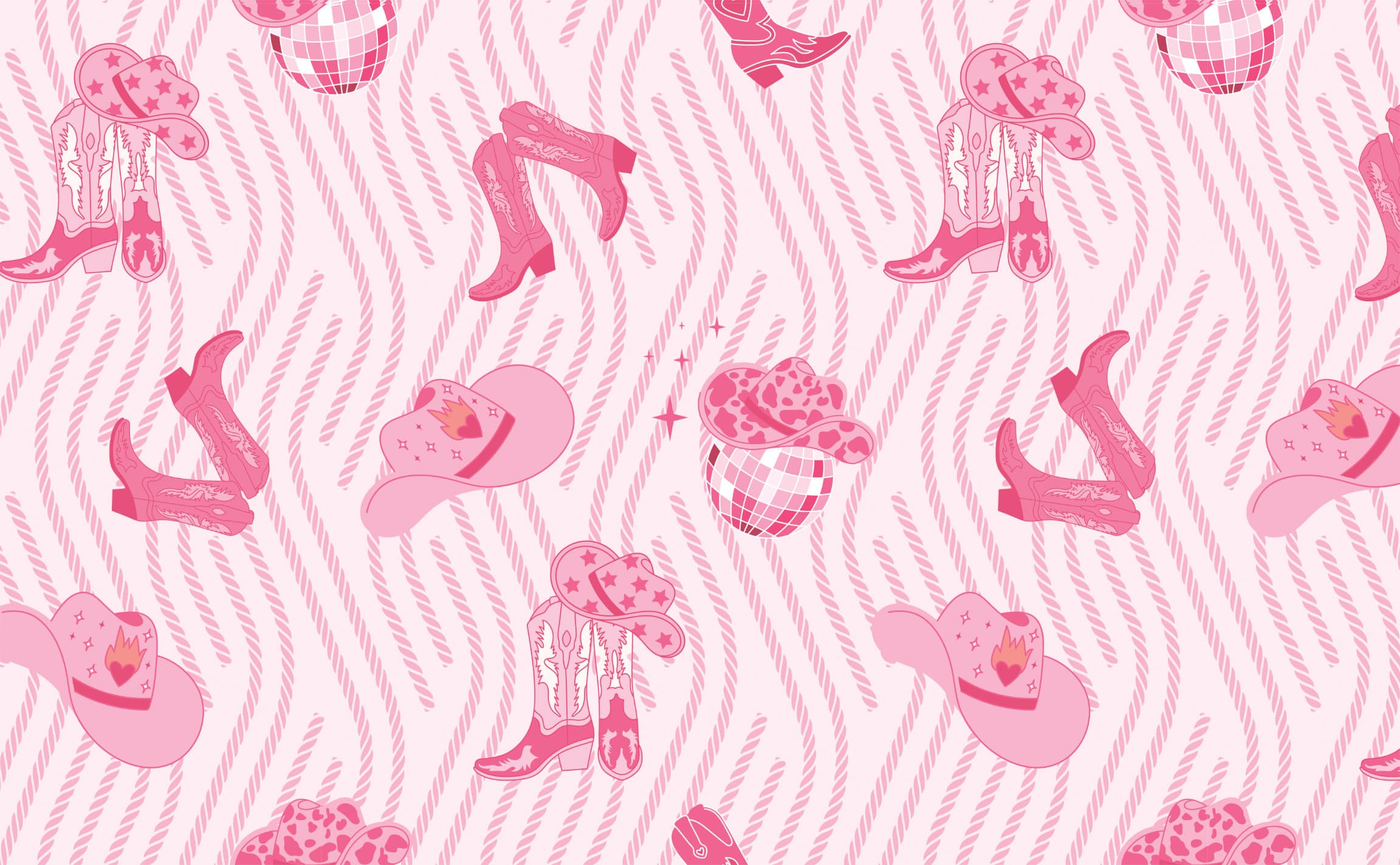 Pink pop cowgirl with boots and sparkling disco ball Pattern Wallpaper for Walls. These Boots are Made For Dancing