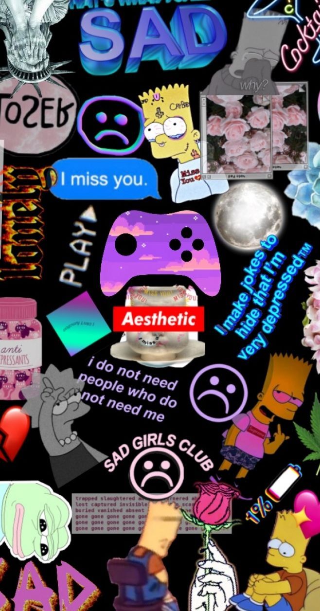 Sad boy aesthetic wallpaper with various cartoon characters and gaming elements. - Cool