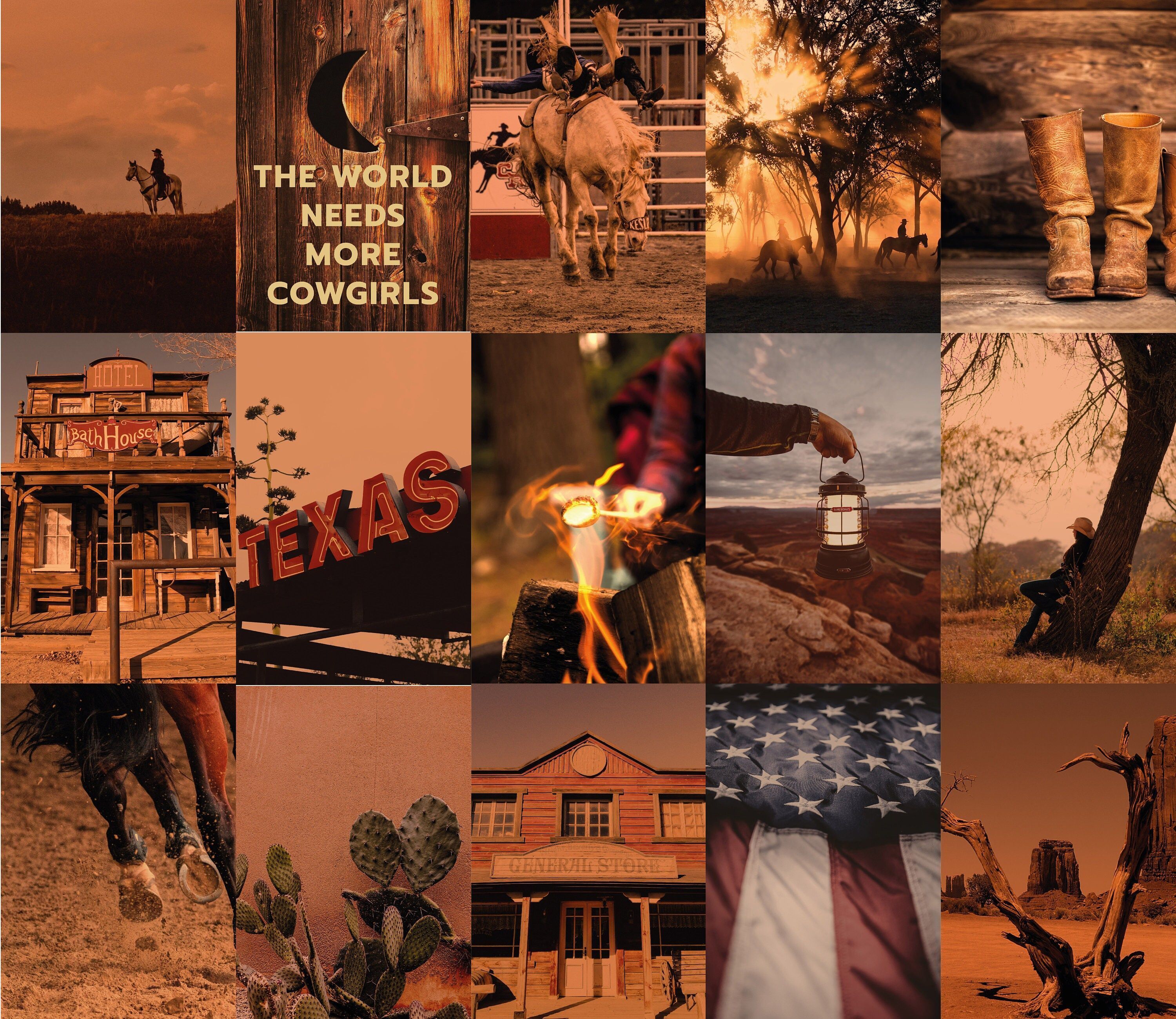 A collage of photos of a cowboy themed aesthetic. - Cowgirl