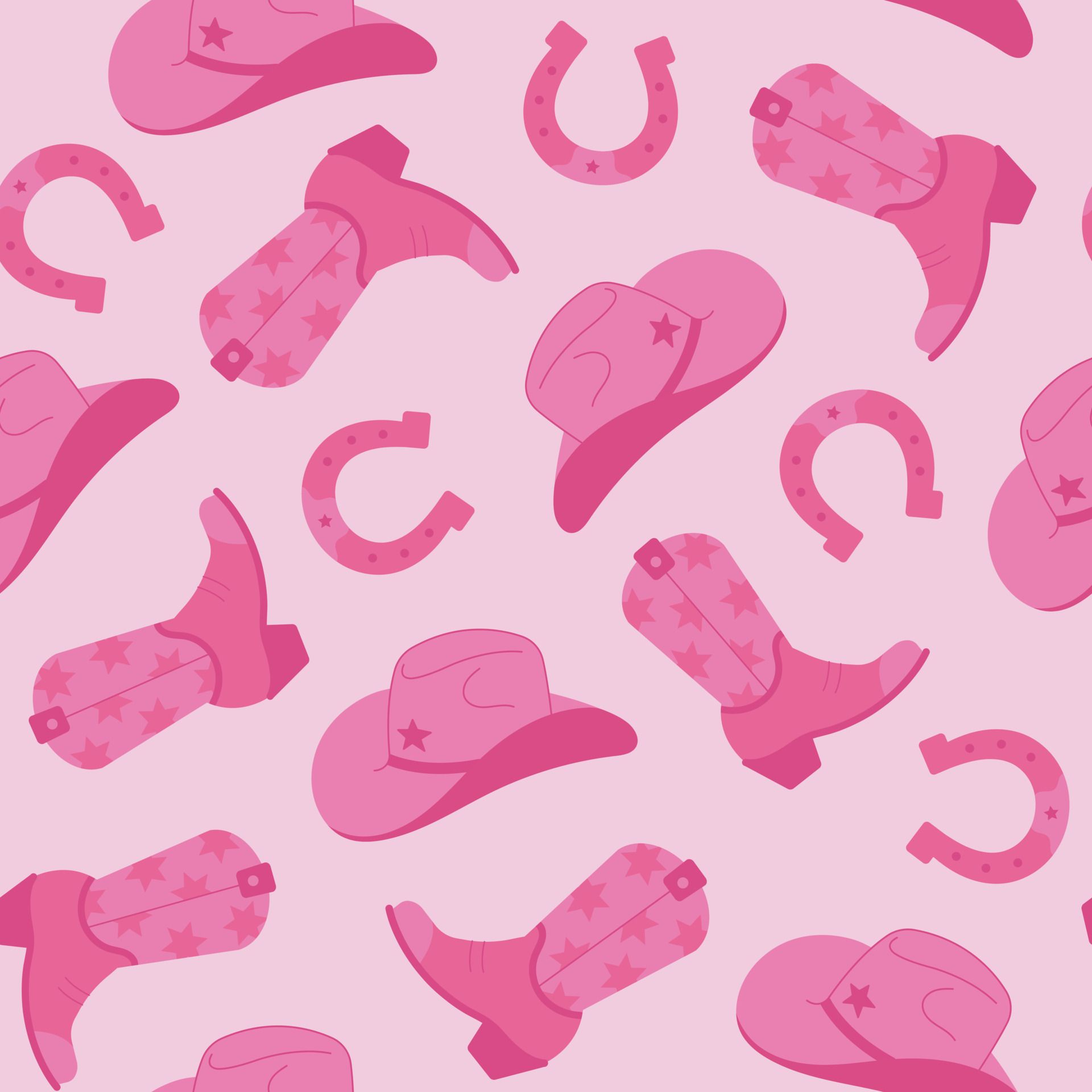 Seamless pattern wild west. Cowgirl vector elements repeating on a pink background. Cowboy hat, boots, horseshoe. Flat style hand drawn wallpaper