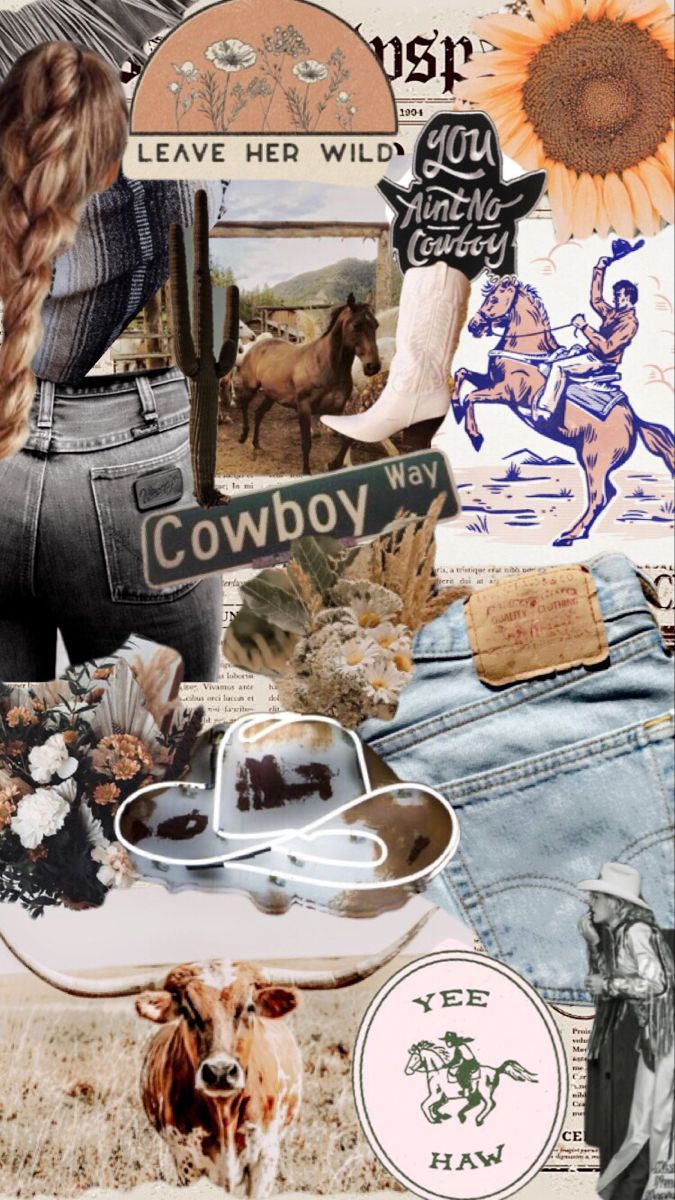 A collage of images including a cow, cowboy boots, a horse, and a girl with long hair. - Cowgirl