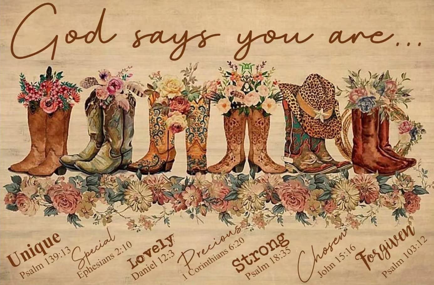 A painting of boots with flowers on them and the words 