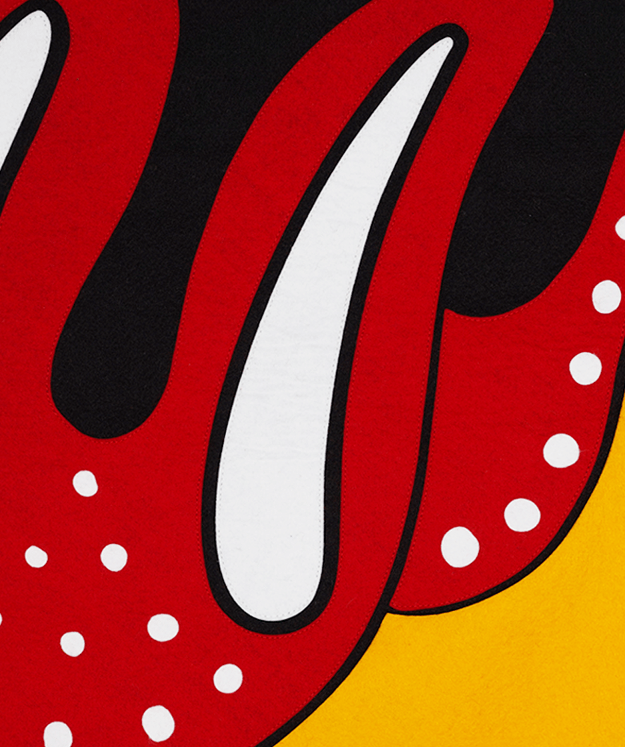 A detail of a painting by Hunt Slonem, featuring a bright, abstract composition in red, yellow, black, and white. - Rolling Stones