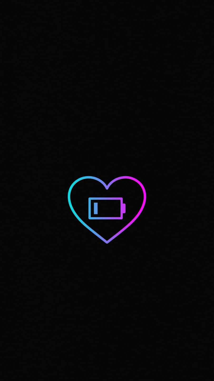 A black wallpaper with a neon heart and low battery sign in the middle - Battery