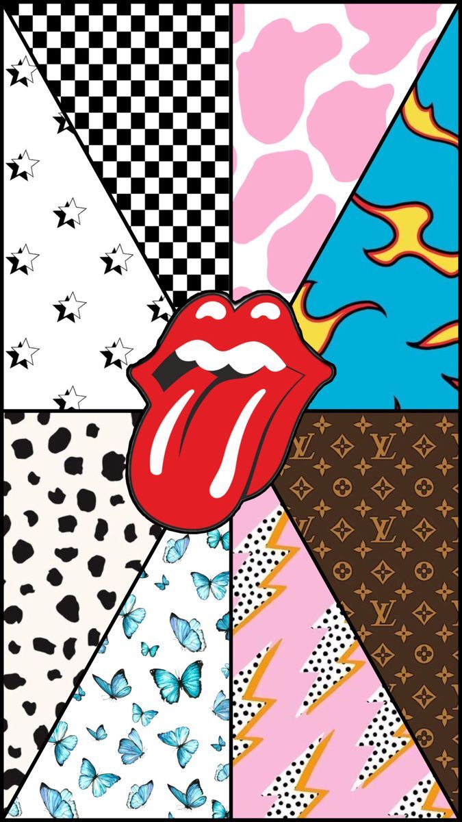 A collage of various patterns including Louis Vuitton, flames, checkerboard, stars, butterflies, cow print, and a tongue. - Rolling Stones