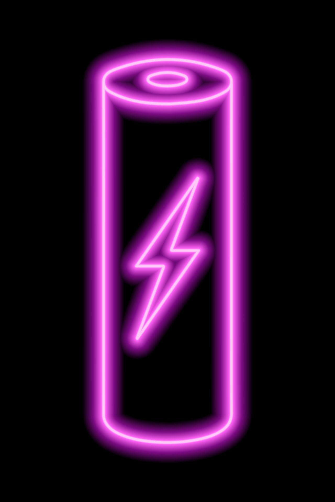 Pink neon outline of battery with zipper on a black background. Charge sign. Electricity, power