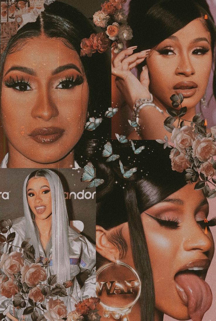 A collage of Cardi B's different looks, including her in a white dress, with butterflies, and with her tongue out. - Cardi B