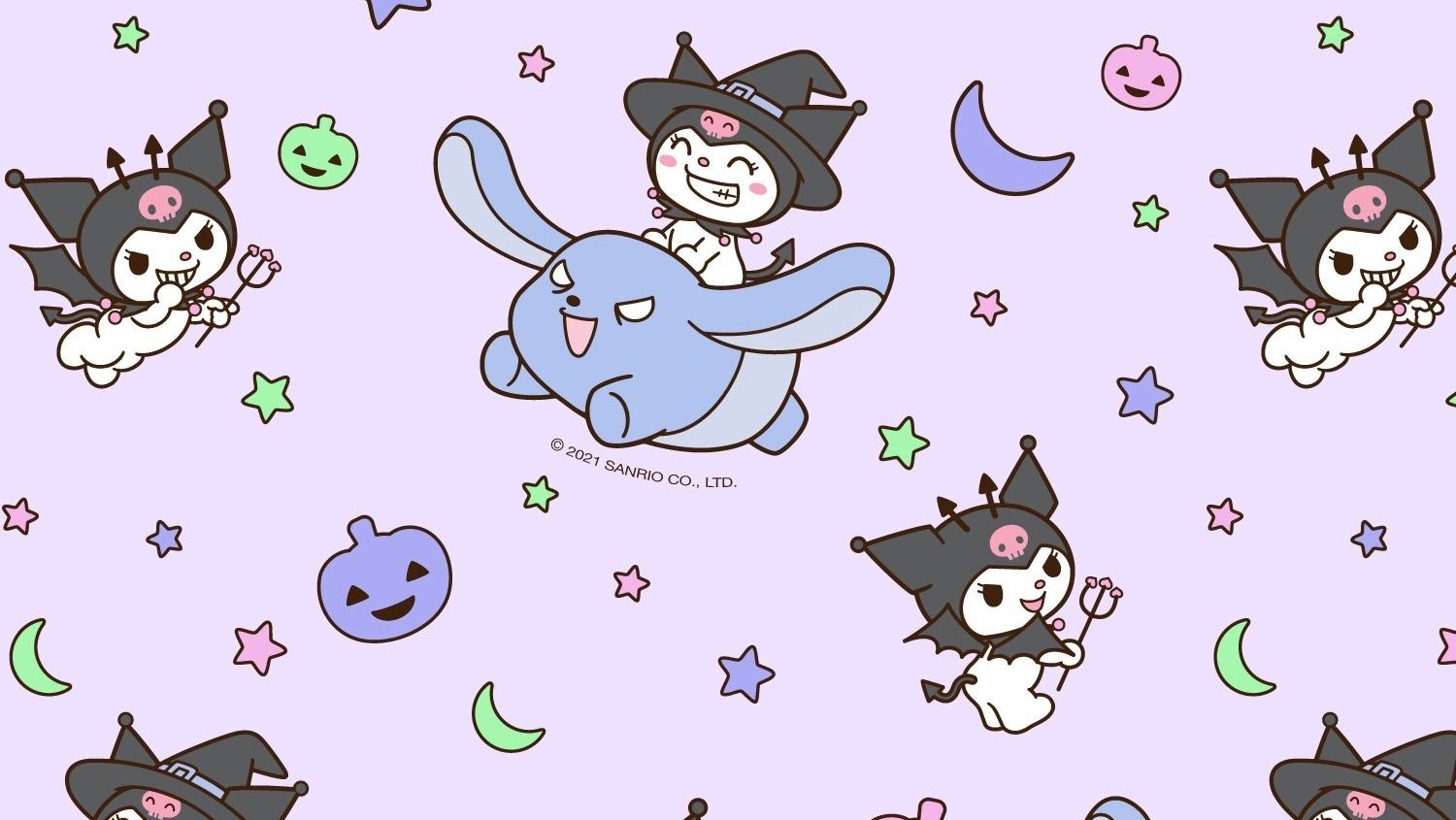 Sanrio characters in Halloween costumes on a purple background - Sanrio