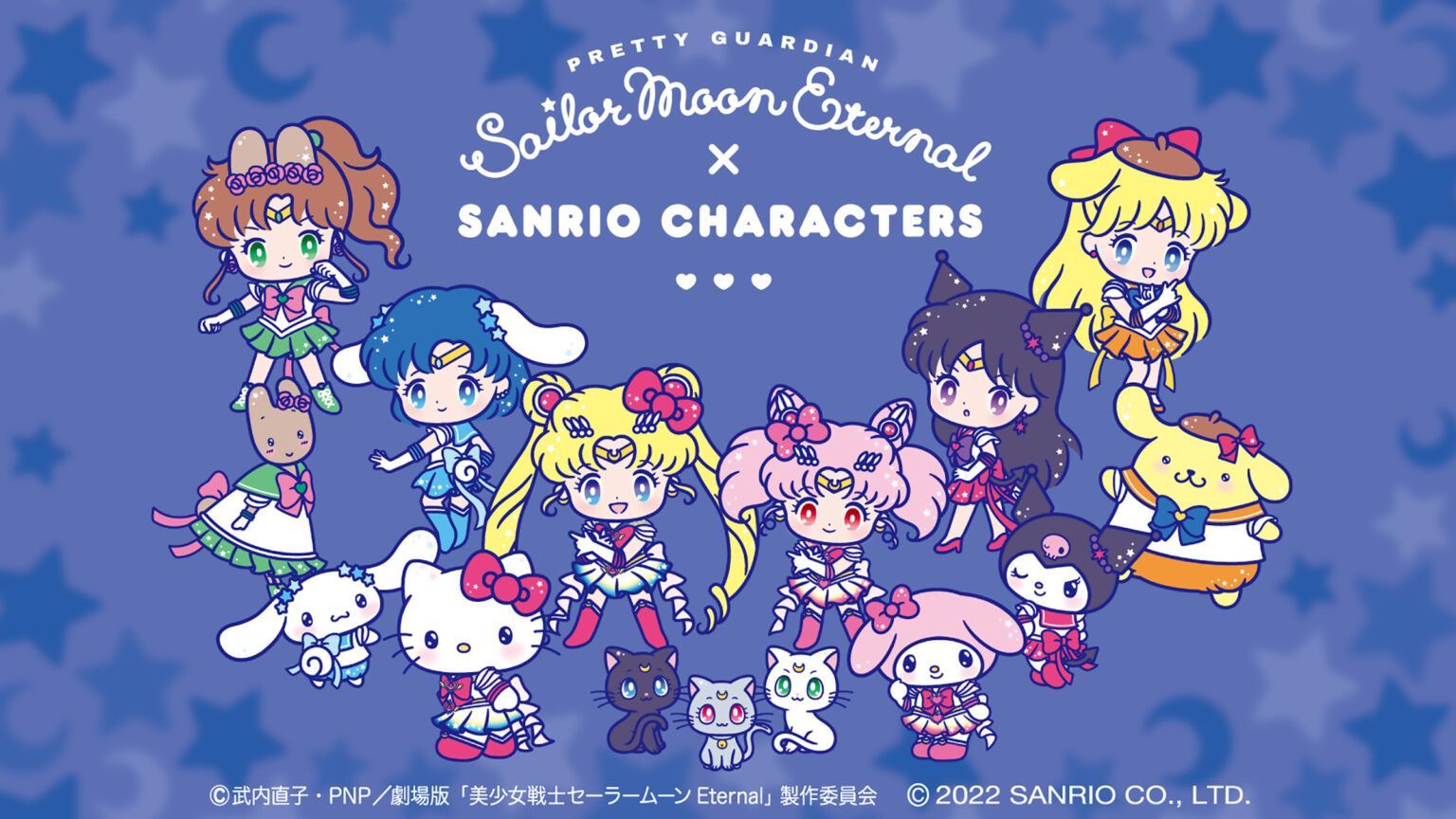 A promotional image for the Pretty Guardian Sailor Moon Eternal x Sanrio Characters collaboration featuring the characters from the Sailor Moon series as Sanrio characters. - Sanrio