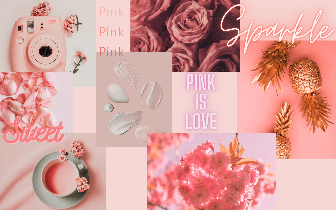 A collage of different pink and rose gold items such as a camera, flowers, and makeup. - Pastel pink, MacBook