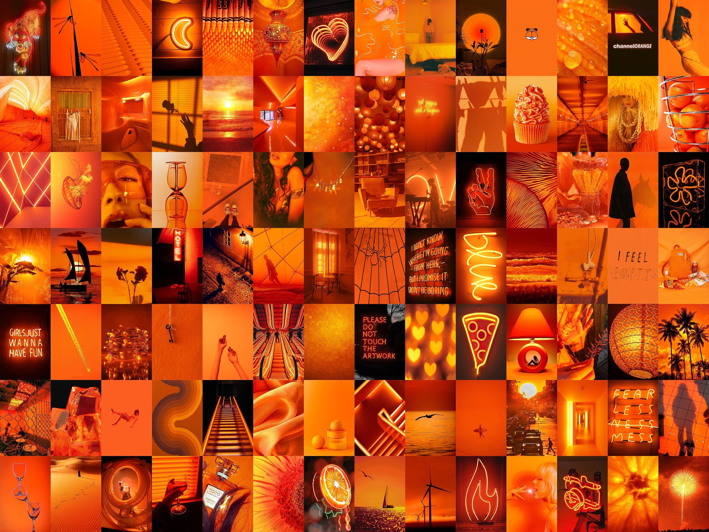 A collage of 60 photos in shades of orange, red, and brown. - Neon orange