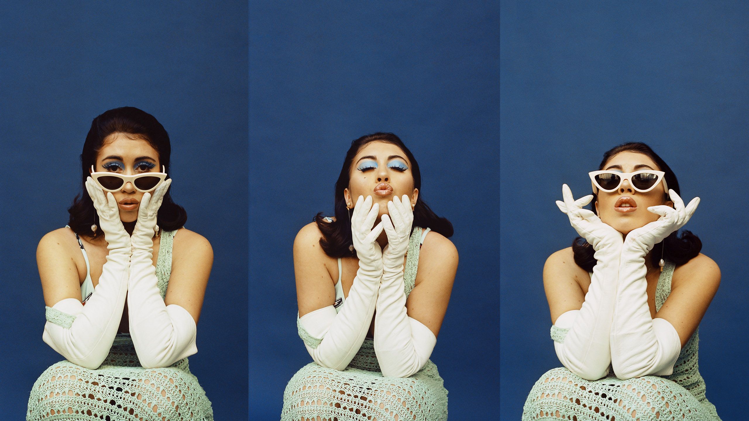 A triptych of a woman wearing white gloves and sunglasses blowing a kiss - Kali Uchis