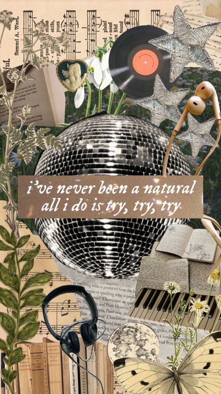 A collage of a disco ball, plant, butterfly, books, record, and headphones. - Taylor Swift