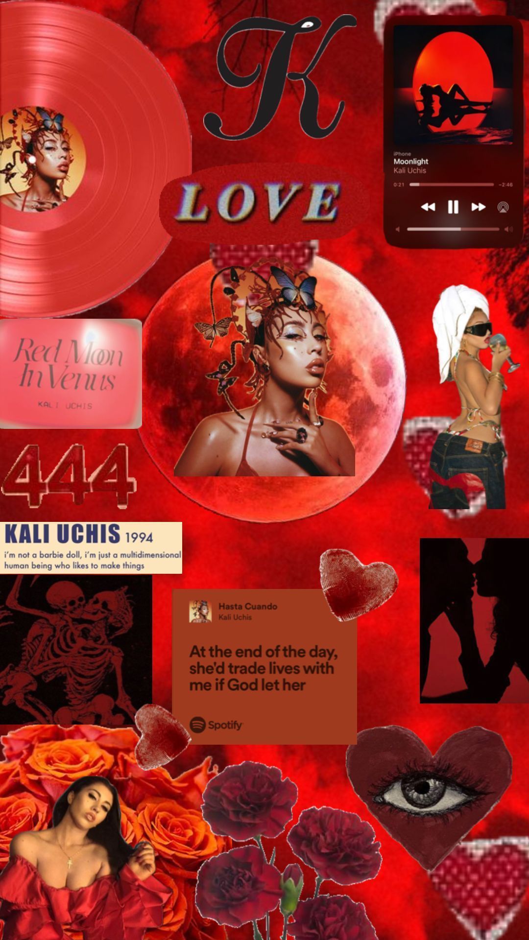 A collage of red aesthetic images including a red vinyl record, red roses, and a picture of singer Kali Uchis. - Kali Uchis