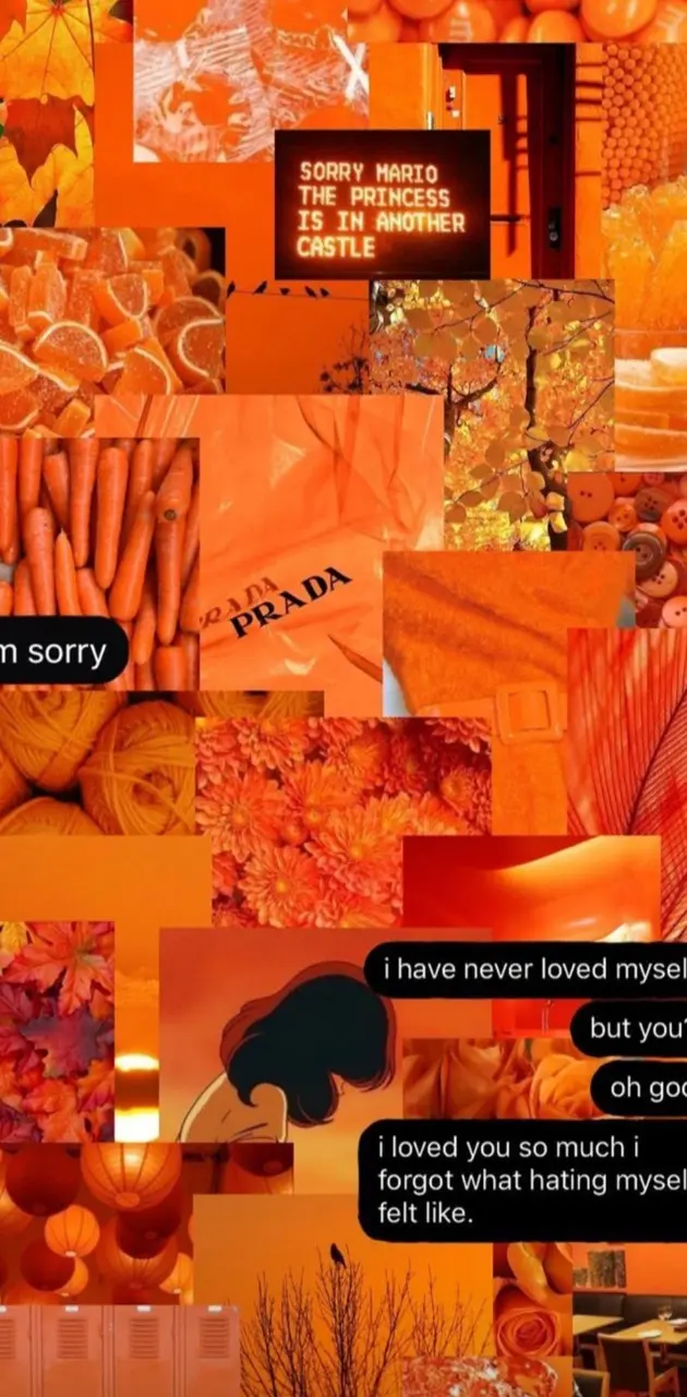 An orange aesthetic background with fall leaves, pumpkins, and a quote. - Neon orange