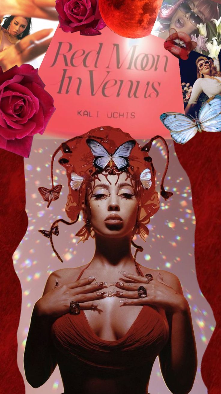 Red mom in Venus, Kali Uchis, 2018. Collage with roses, butterflies, and hands. - Kali Uchis