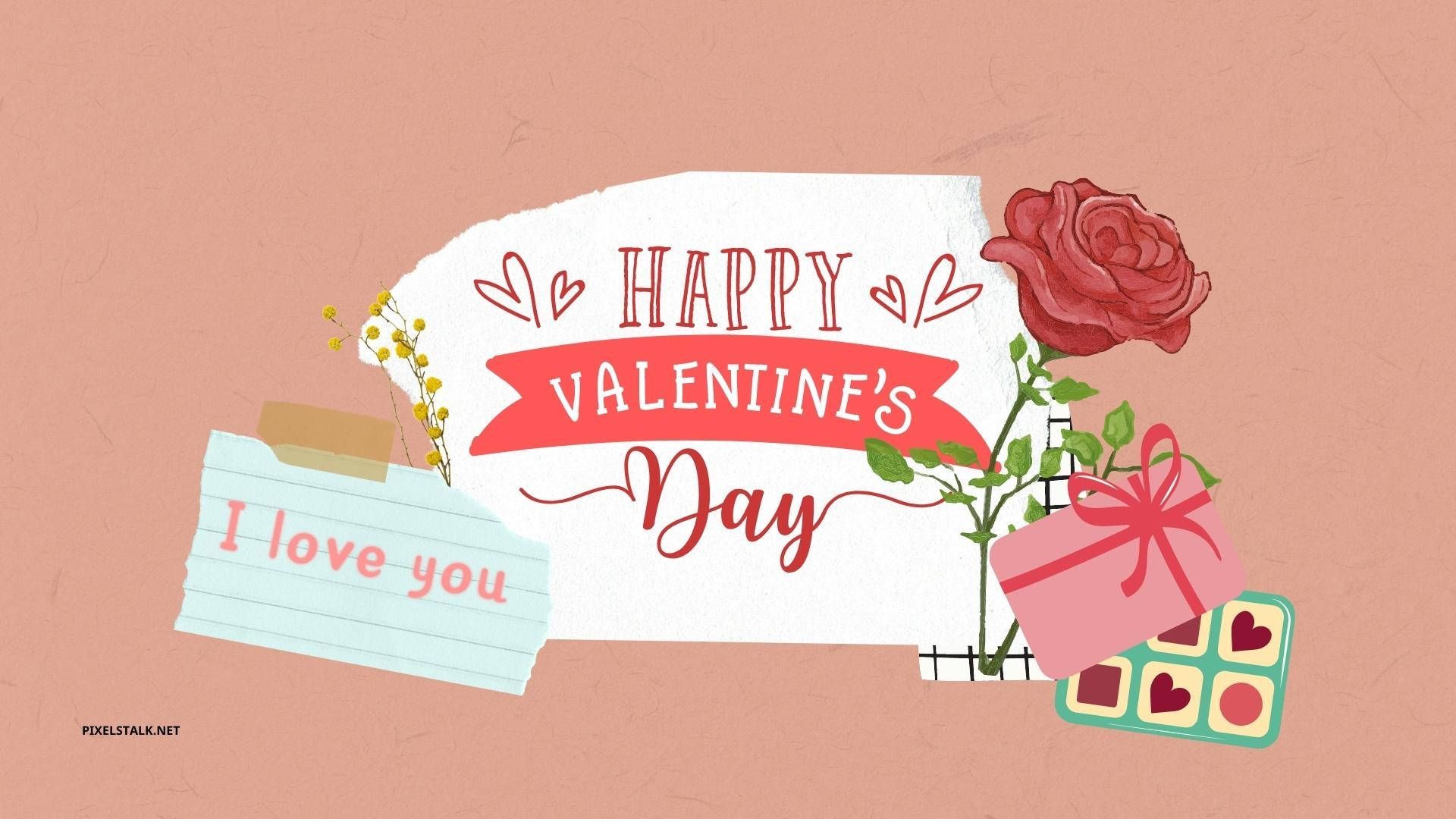 A valentine's day wallpaper with a rose, a gift, and a note that says 