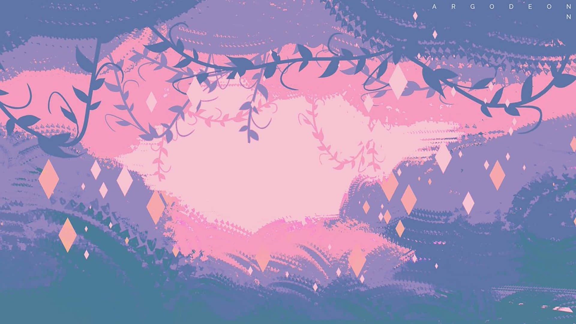 A colorful wallpaper with a pink and purple sky, diamonds, and vines. - Computer