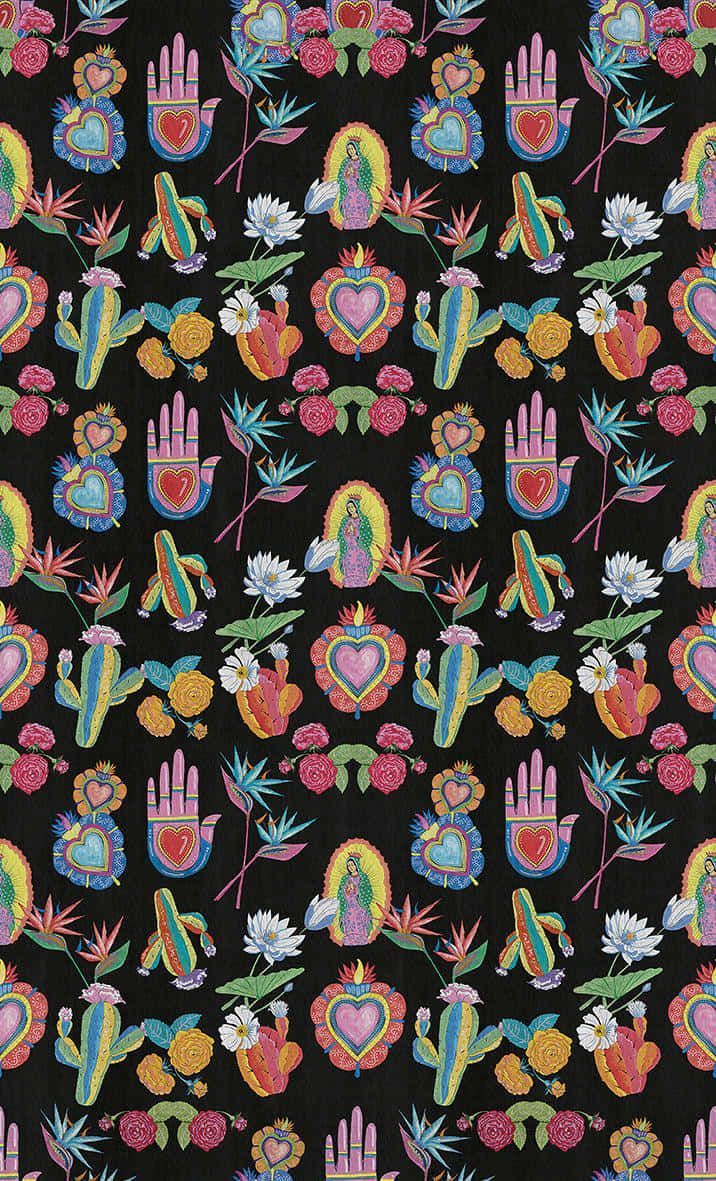 A colorful pattern of hands, hearts, cacti, and flowers on a black background - Mexico