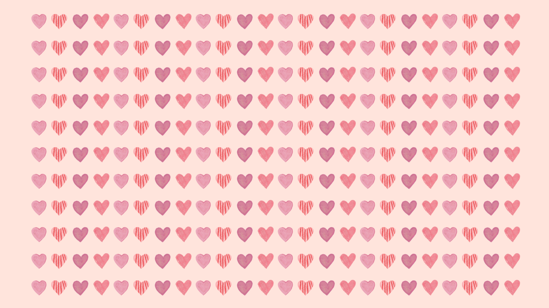 A grid of hearts in varying shades of pink and red on a light pink background - Valentine's Day