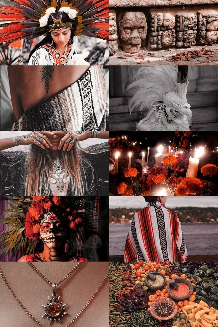 A collage of images of Dia de los Muertos, including a woman in traditional Dia de los Muertos attire, sugar skulls, candles, and marigolds. - Mexico