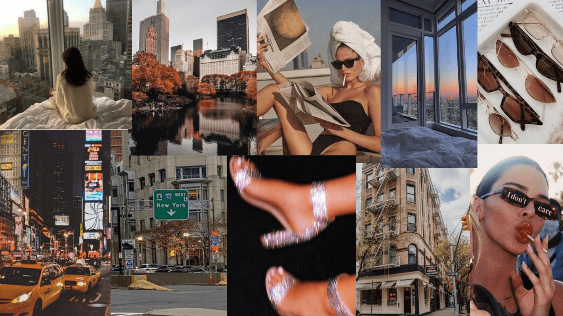 A collage of images including a woman with a towel on her head, a woman reading a newspaper, a woman with sunglasses, a city street, a sunset, and a woman licking her finger. - New York