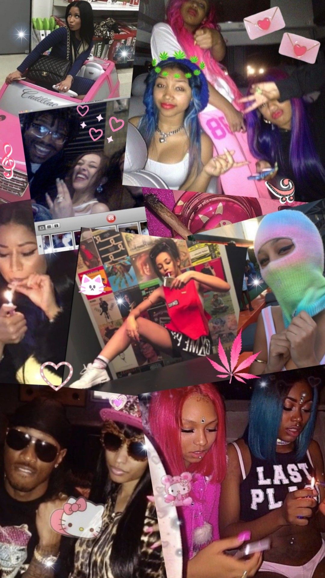 Collage of pictures of a girl with different hair styles and friends - Kali Uchis