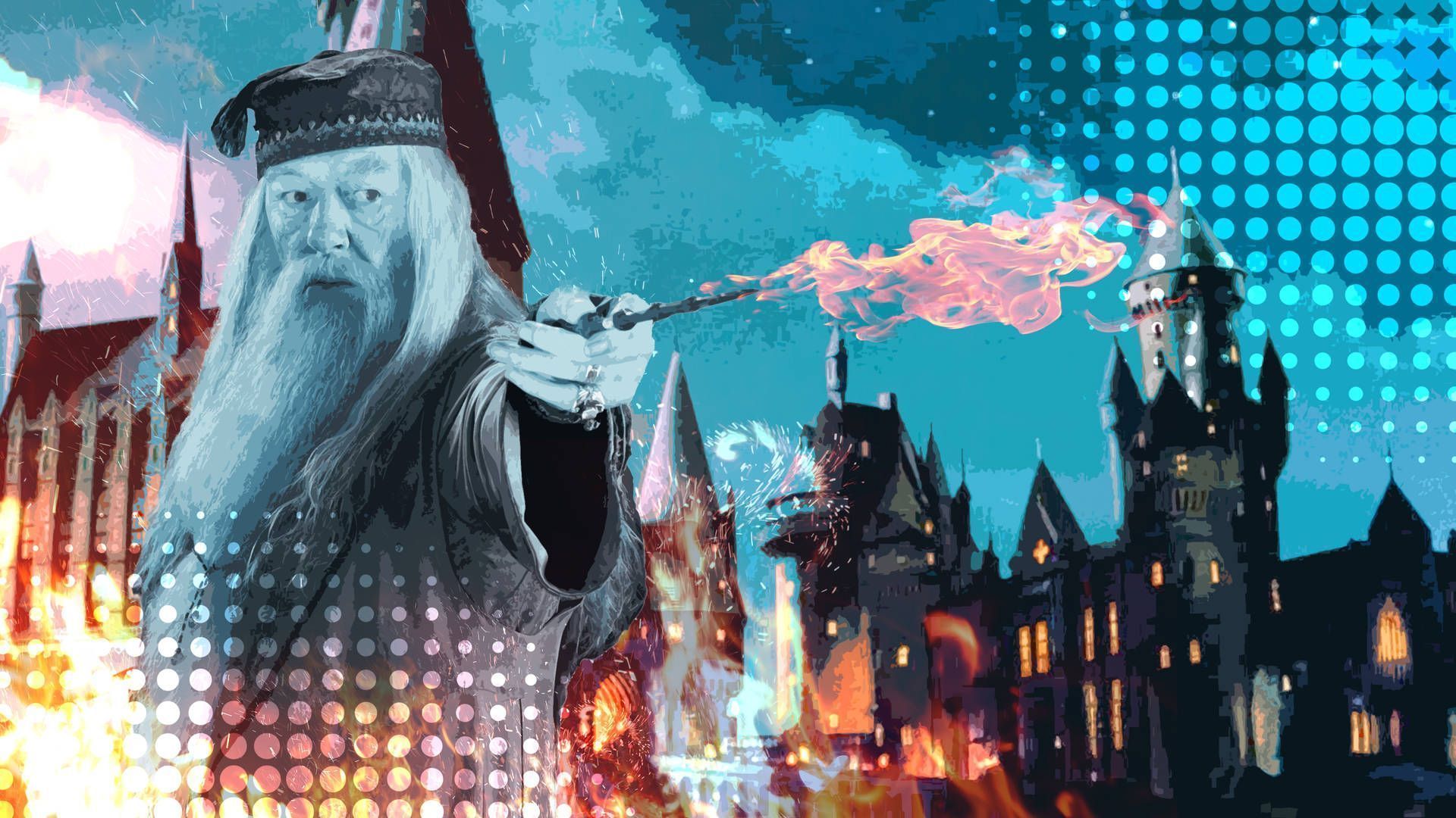 An illustration of Albus Dumbledore casting a spell with a dragon flying in front of Hogwarts - Harry Potter, Hogwarts