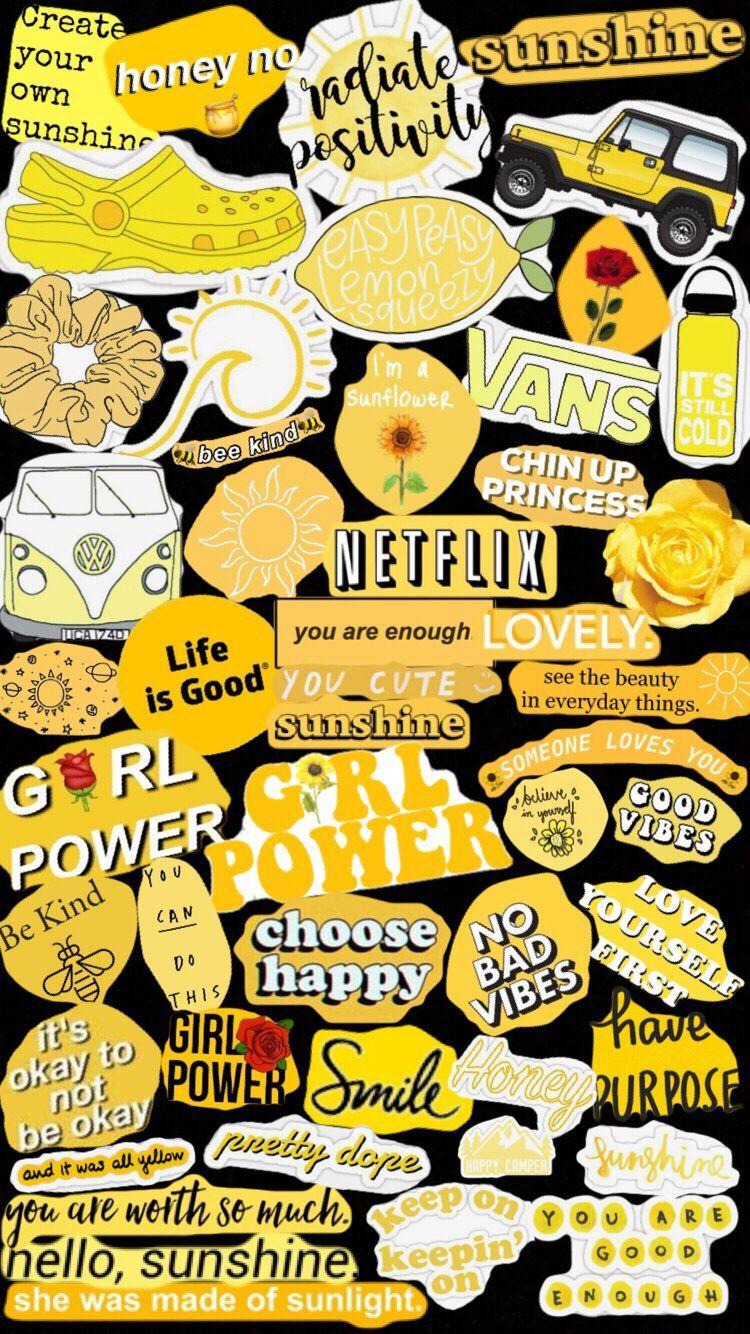 Aesthetic yellow background with stickers and quotes. Description: Aesthetic yellow background with stickers and quotes. Tags: aesthetic, yellow, background, stickers, quotes.  - VSCO