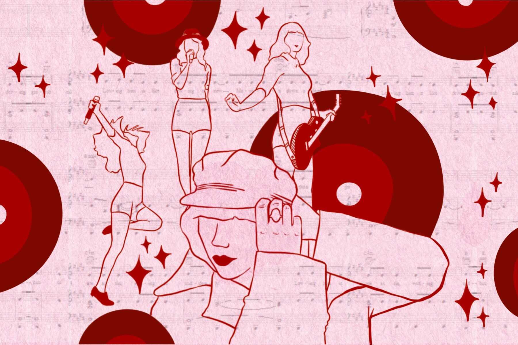 An illustration of several people dancing in front of a record player. - Taylor Swift
