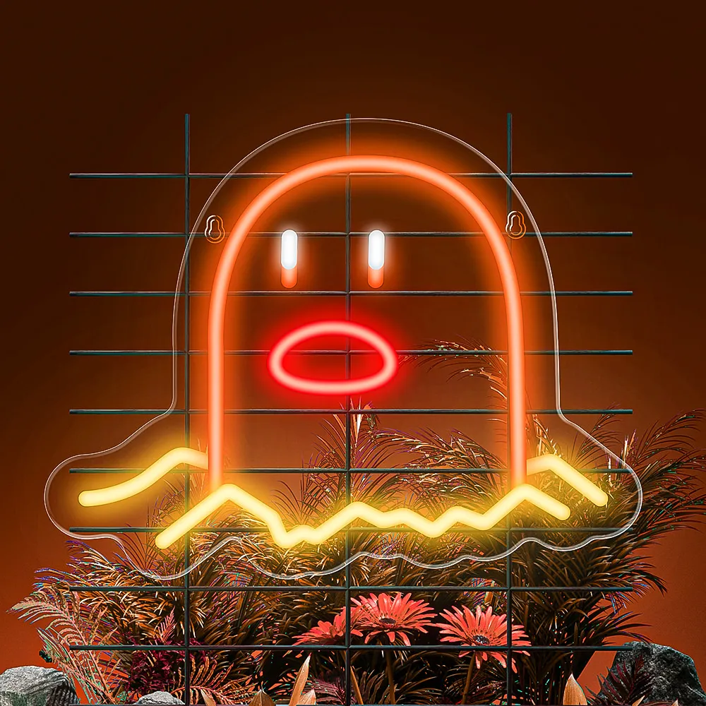 A neon sign of a ghost with a frowning face. - Neon orange