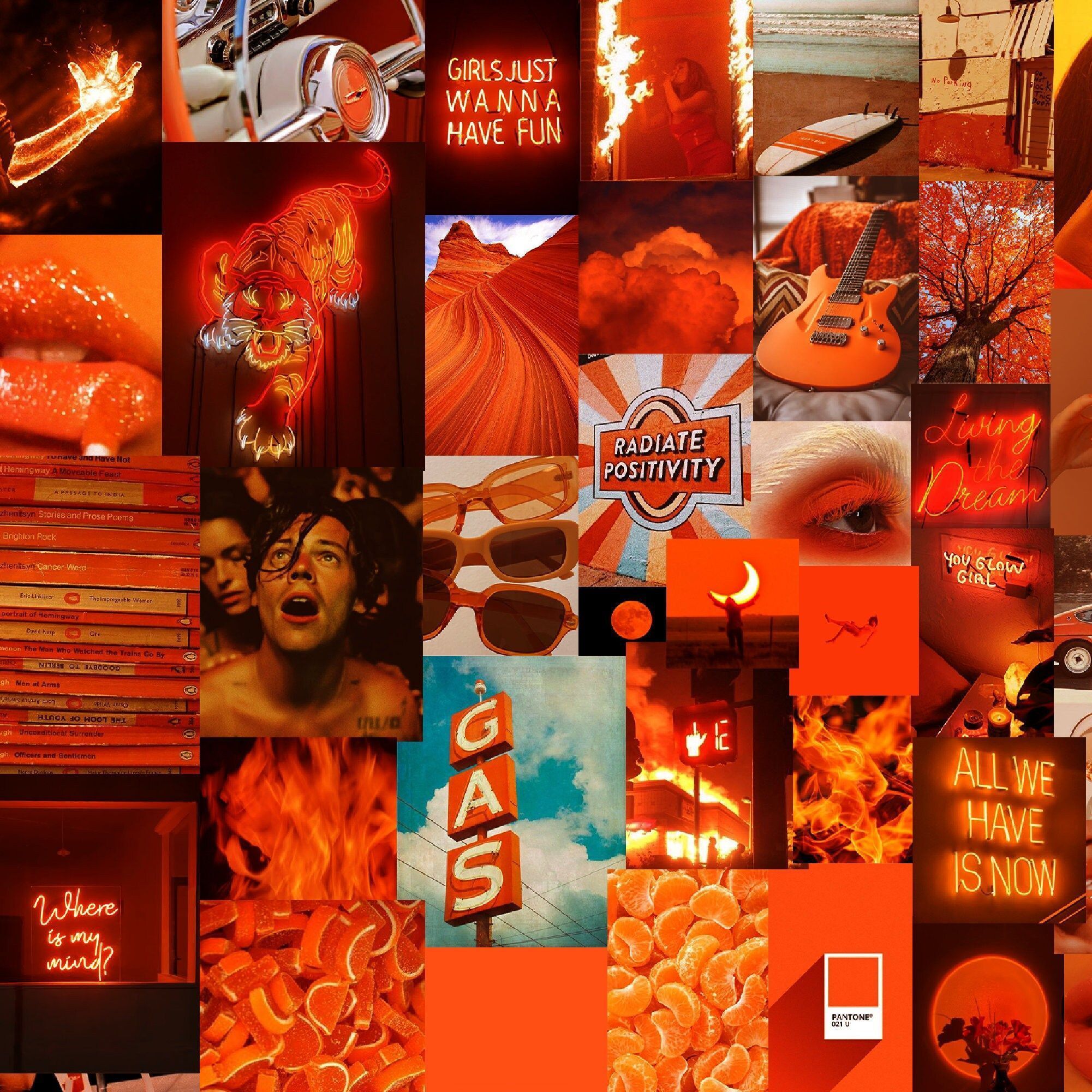 A collage of different orange and red aesthetic pictures. - Neon orange, dark orange