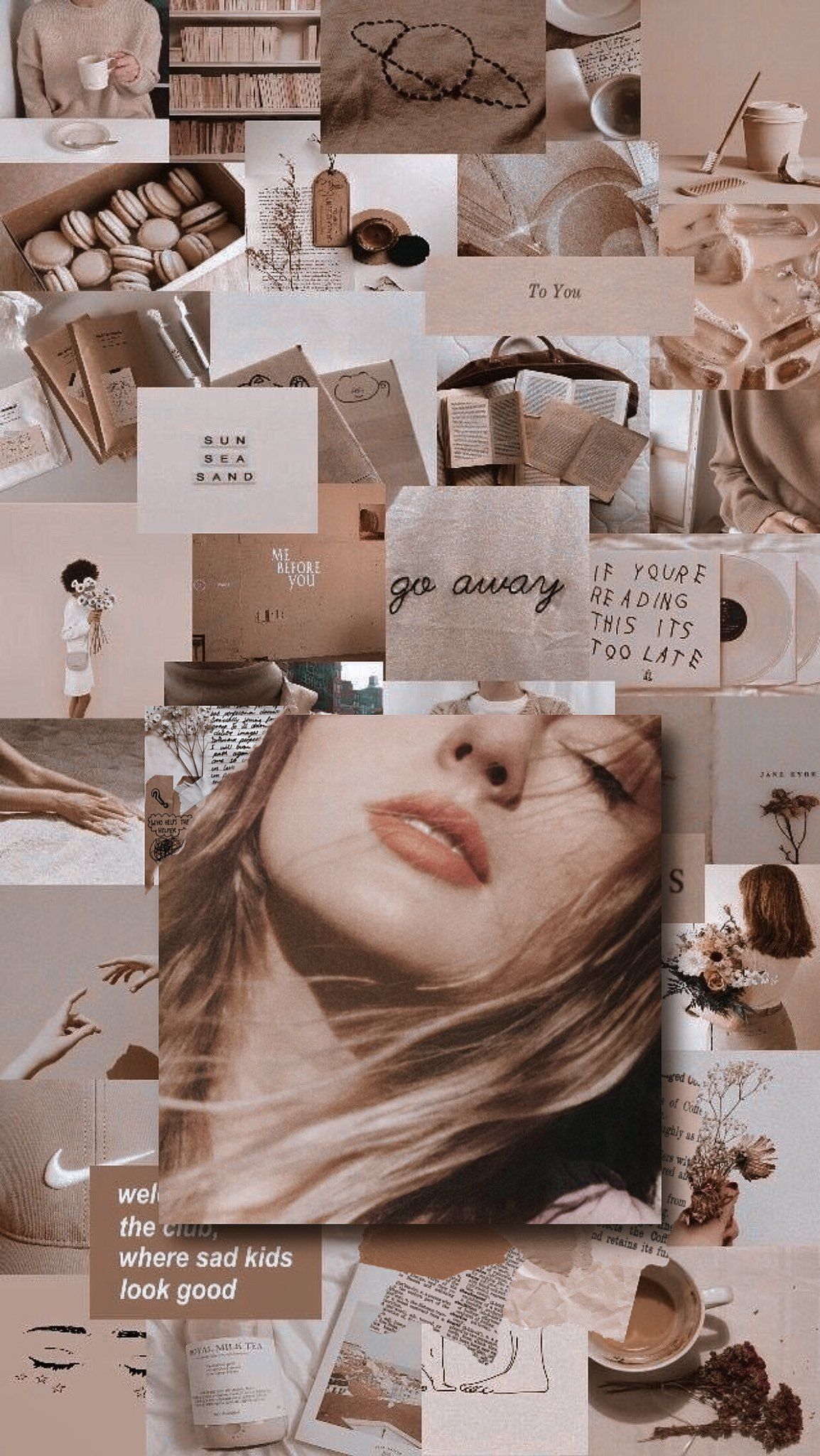 Aesthetic collage background with brown and white elements - Taylor Swift