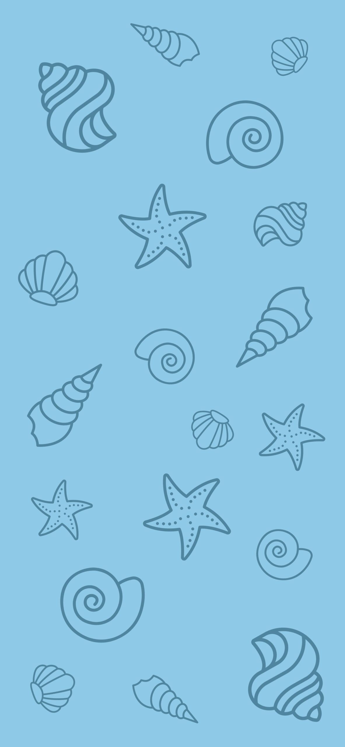 A pattern of shells and starfish on blue background - Pastel blue, light blue
