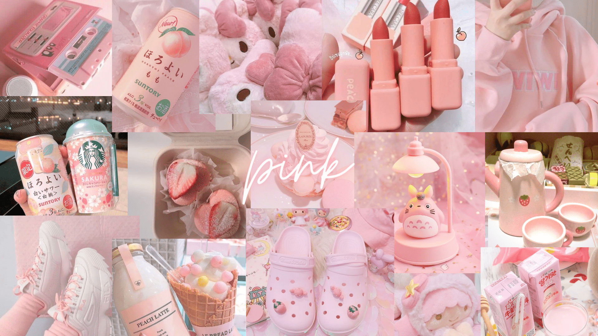 A collage of pink aesthetic images including ice cream, shoes, and makeup. - Soft pink