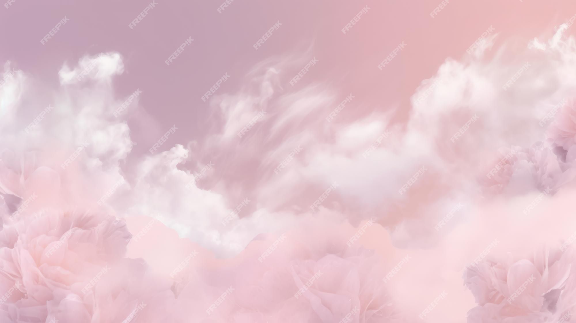 A soft pink and purple sky with clouds and flowers - Soft pink