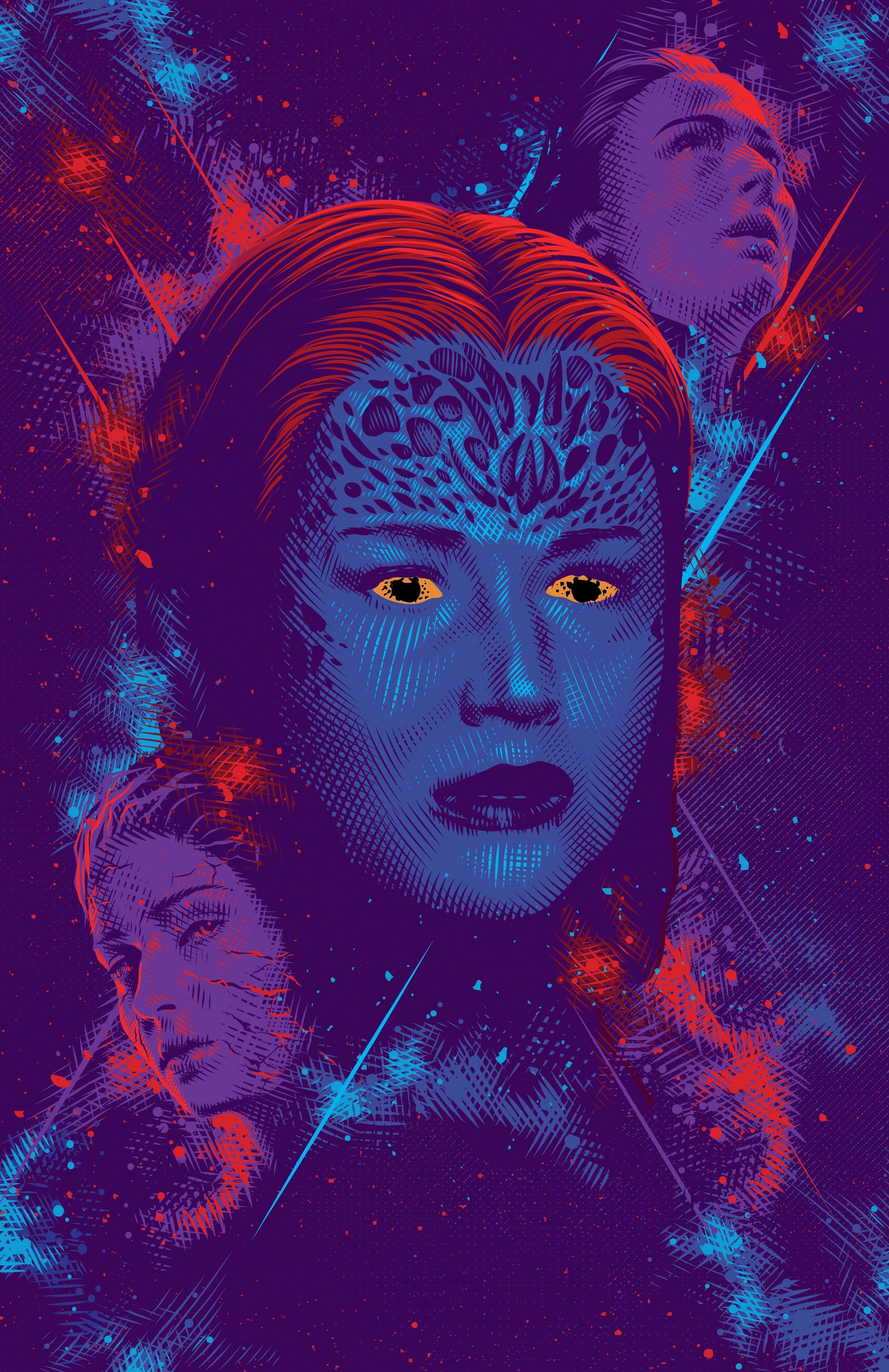 A digital artwork featuring a woman with glowing eyes and a third person behind her. - Jennifer Lawrence
