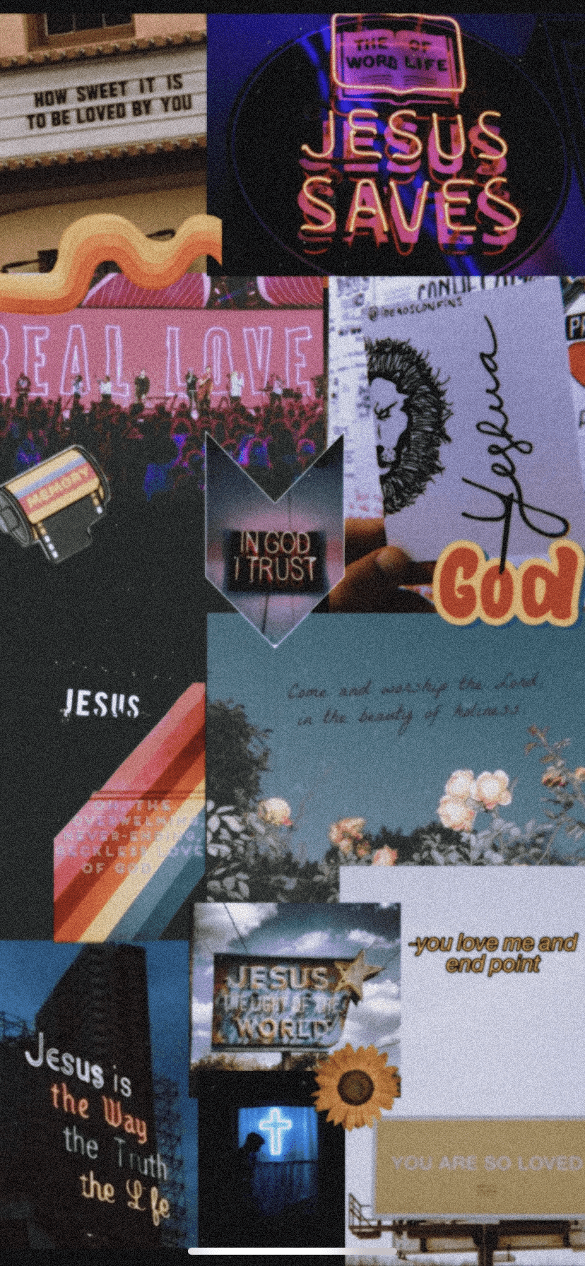 A collage of Christian themes including a neon sign that says 