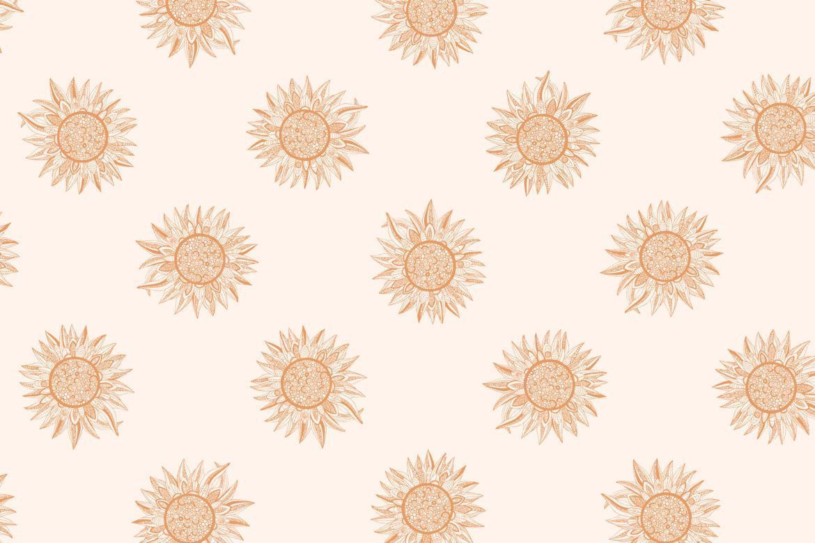 A pattern of suns in earthy tones on a light cream background - Gold, desert