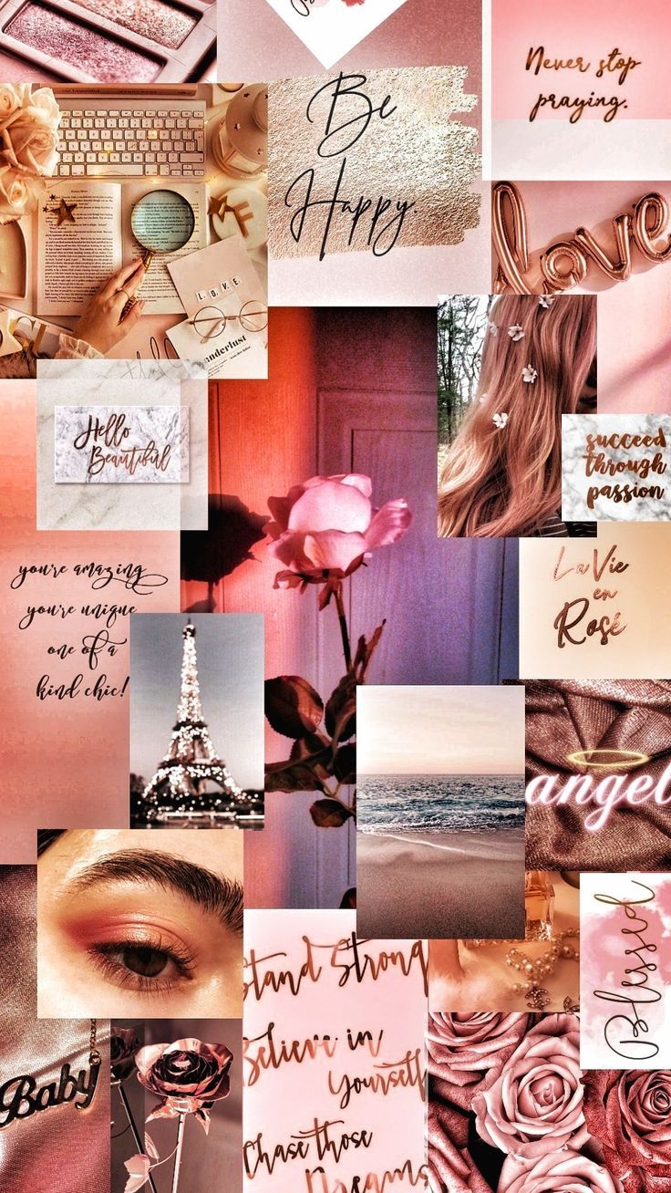 Aesthetic pink collage wallpaper for phone with rose, love, and believe in your passion. - Gold