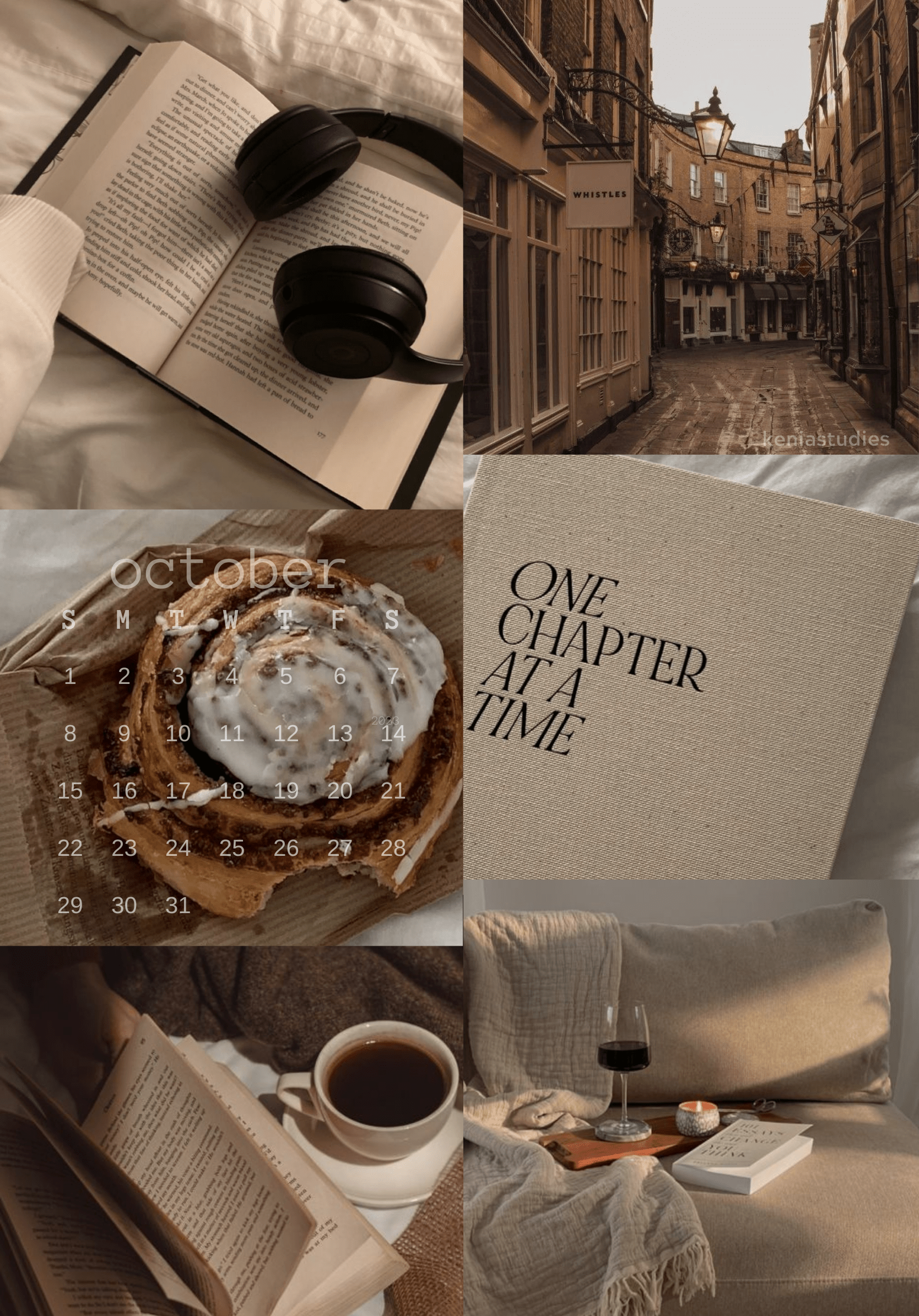 A collage of photos including books, a cup of coffee, a cinnamon roll, and a city street. - Light brown