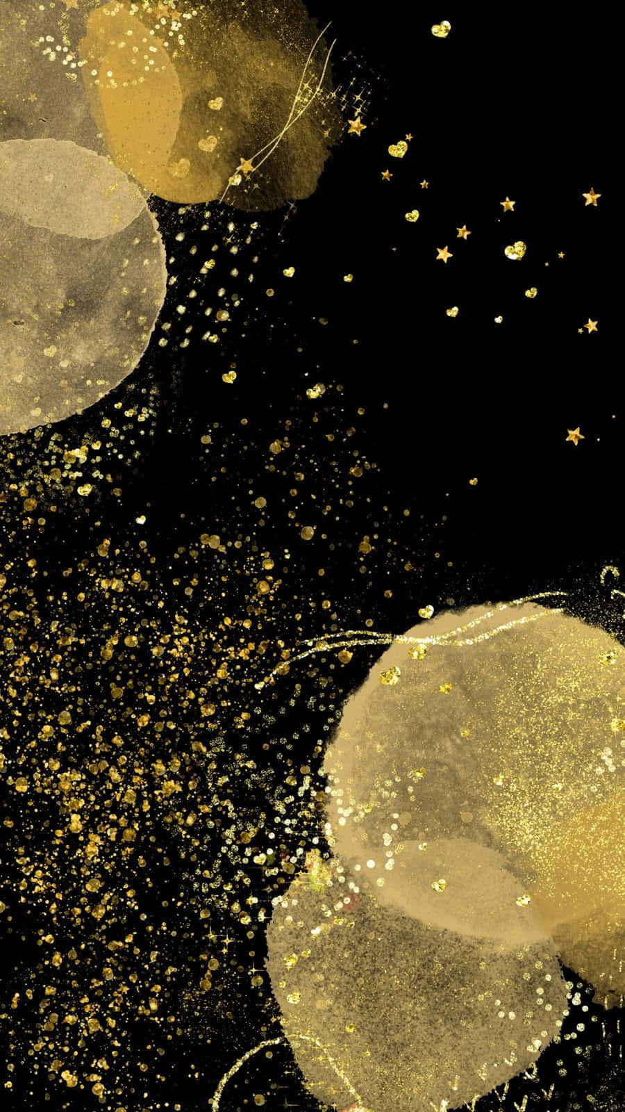 A black and gold watercolor background with splatters and dots - Gold