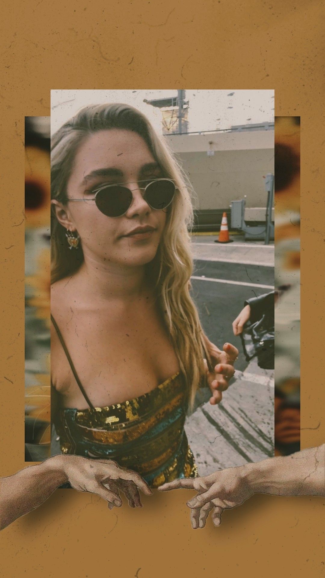 IPhone wallpaper of a blonde girl wearing sunglasses and a gold dress - Florence Pugh
