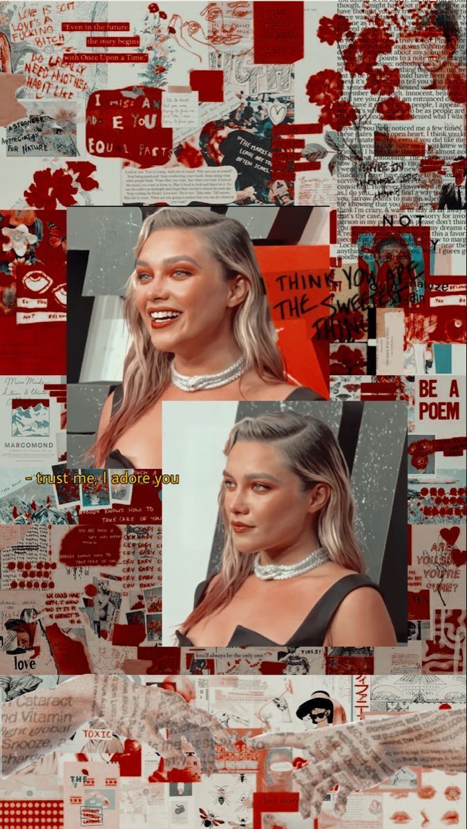 A collage of Margot Robbie photos in red and black and white - Florence Pugh