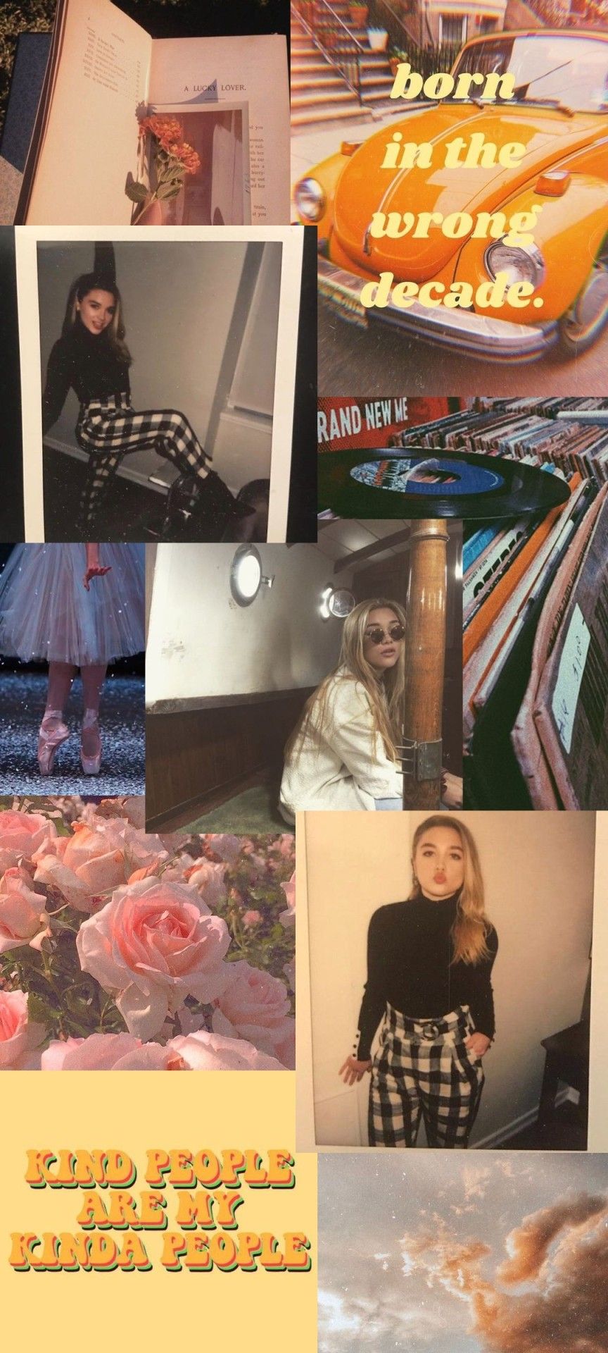 Aesthetic collage background for phone with black and white photos of a girl, pink roses, books, and a yellow car. - Florence Pugh