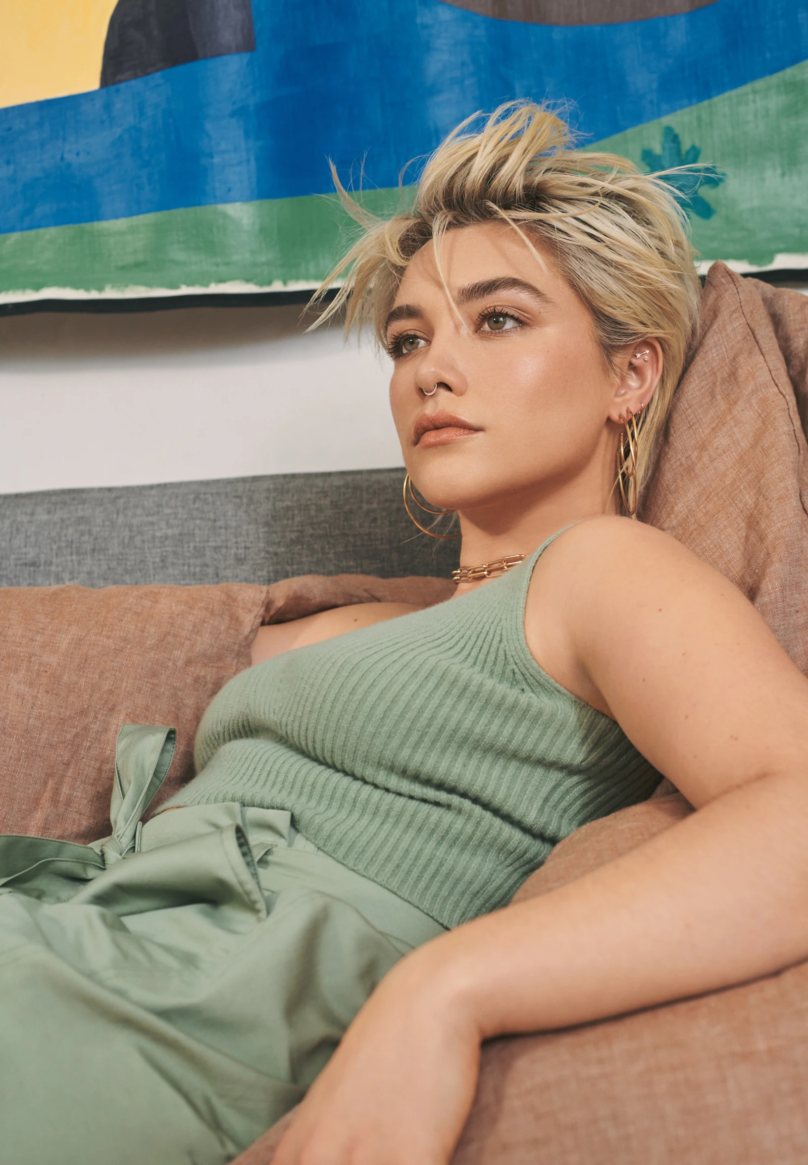 Paris Jackson is a style icon in a green ribbed tank top and matching shorts. - Florence Pugh