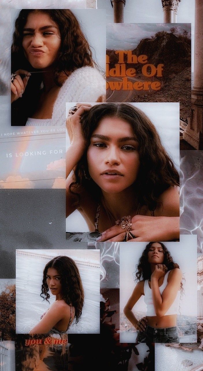 A collage of Zendaya in a white crop top and jeans. - Zendaya