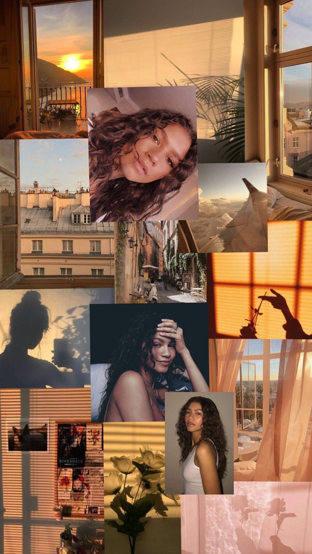 Aesthetic collage with photos of a woman, a sunset, a cityscape, and a room with a window. - Zendaya