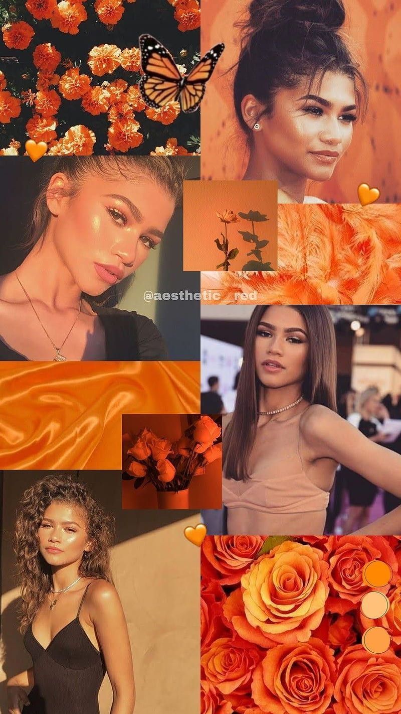Collage of Zendaya's photos in orange aesthetic with flowers, butterflies, and hearts. - Zendaya