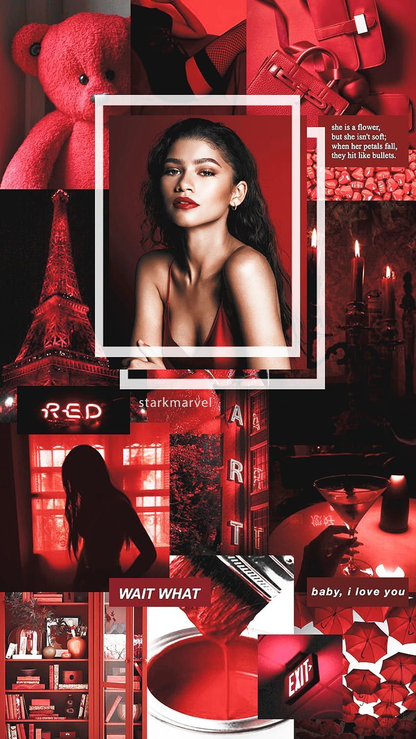 Red aesthetic wallpaper for phone with a girl and red elements. - Zendaya